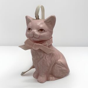 Vintage Midwest Taiwan Pink Ceramic Cat Kitty Ornament with Ribbon Glossy Finish